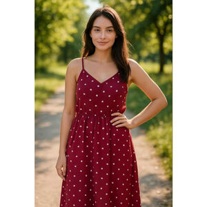 Old Navy Midi Dress Sz L Red White Polka Dots V-Neck Spagetti Straps Cottagecore